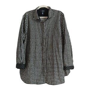 CHAPS No-Iron Button Down Black‎ White Houndstooth Contrast Cuffs Top Size 2X